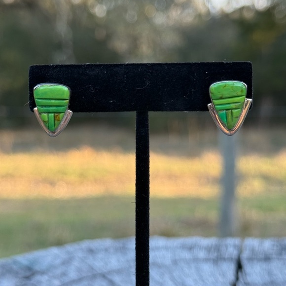 Sterling Silver Green Gaspiete Inlay Earrings - Picture 2 of 5